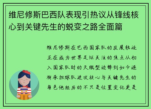 维尼修斯巴西队表现引热议从锋线核心到关键先生的蜕变之路全面篇